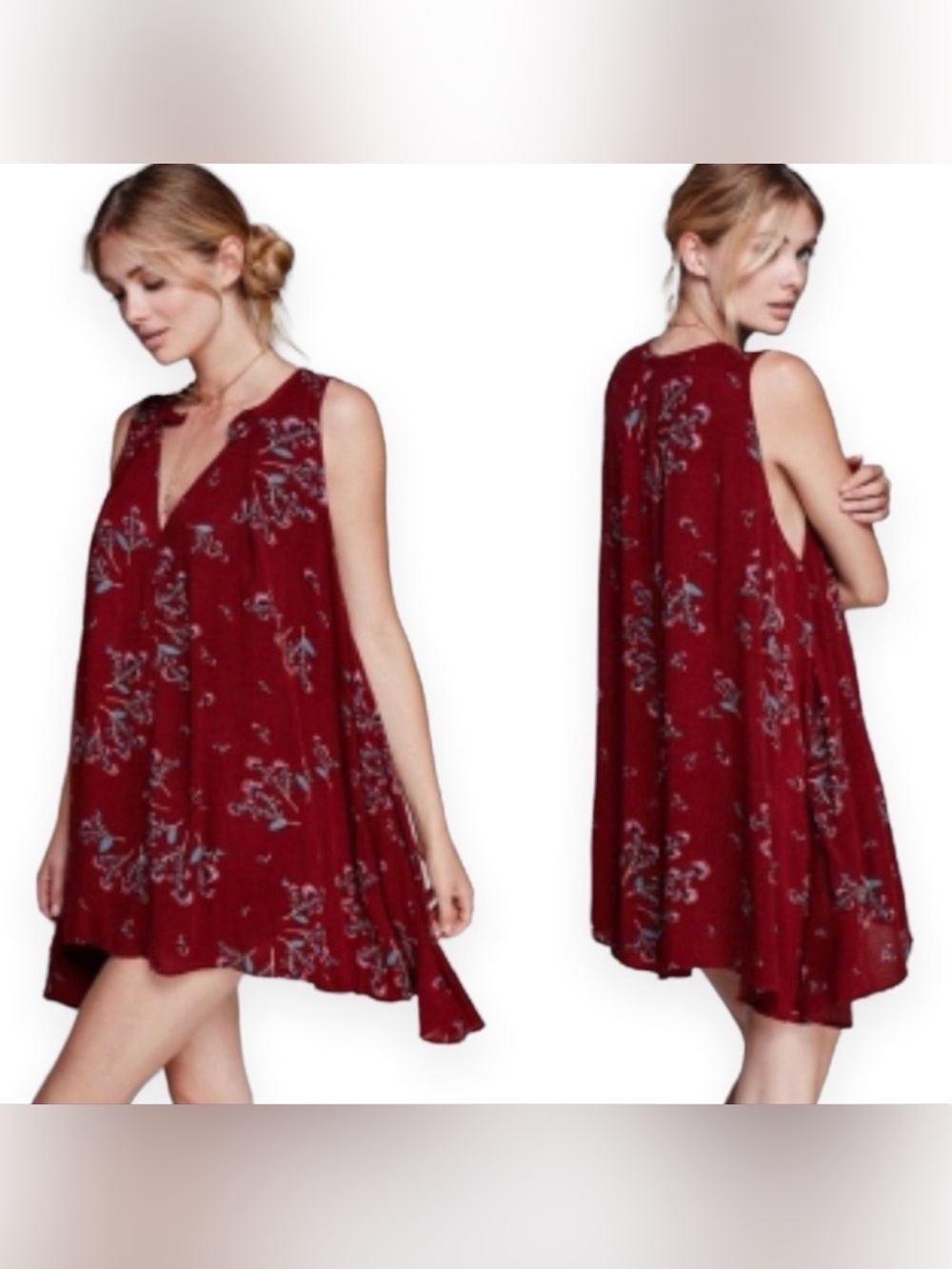 Free People Burgundy Floral V-Neck Tree Swing Dress (B7)